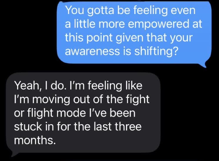 A client text: I am feeling like I am moving out of the fight or flight mode I have been stuck in for the last three months
